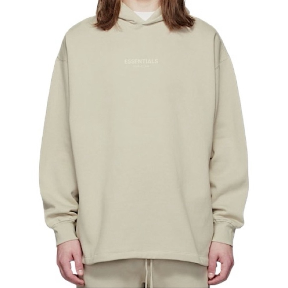 Fear of God Essentials Relaxed Hoodie Beige Spellout Logo Oversized-Medium